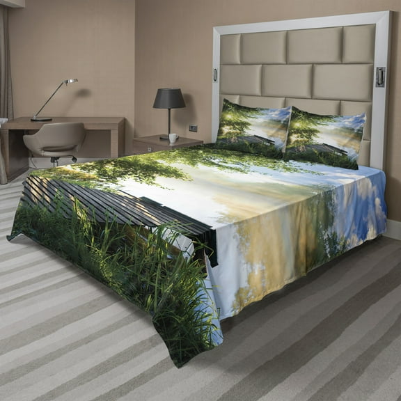 Ambesonne Nature Fitted & Top Sheet Set with Shams, Fishing Pier by River, Green Blue White