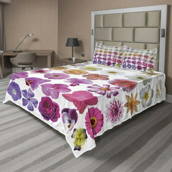 Ambesonne Nature Fitted & Top Sheet Set with Shams, Flowers Petunia Botanic, White Lilac and Pink