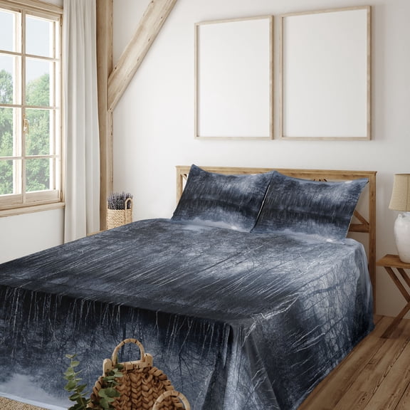 Ambesonne Nature Fitted & Top Sheet Set with Shams, Night Woodland by the Lake, Purpleblue and Black