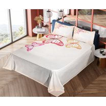 Ambesonne Nature Fitted & Top Sheet Set with Shams, Paper Cut Image, Yellow Red Beige