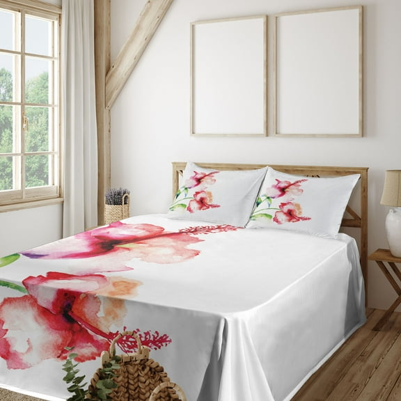 Ambesonne Nature Fitted & Top Sheet Set with Shams, Pastel Nature, White Red Green