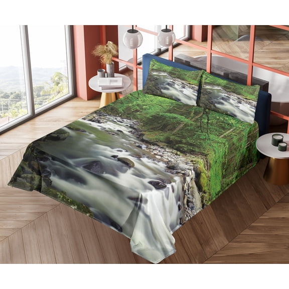 Ambesonne Nature Fitted & Top Sheet Set with Shams, Riverbed Rocks Trees, Green Grey White