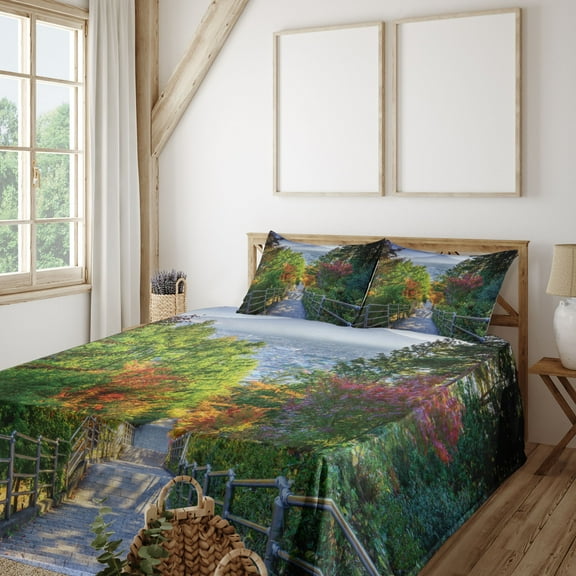 Ambesonne Nature Fitted & Top Sheet Set with Shams, Sakura Garden, Green Grey