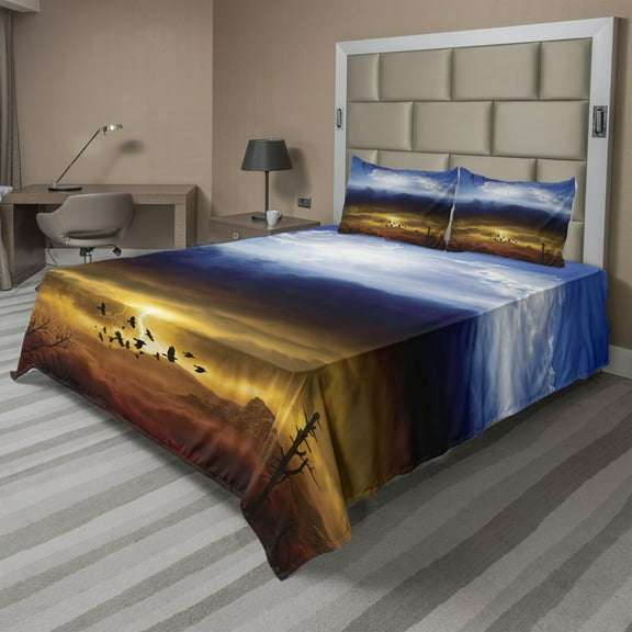 Ambesonne Nature Fitted & Top Sheet Set with Shams, Sun Stormy Sky Heaven, Blue Orange Black
