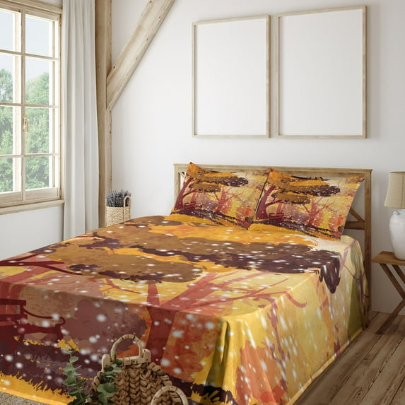 Ambesonne Nature Fitted & Top Sheet Set with Shams, Trees and Bench Snowfall, Multicolor
