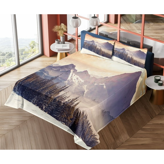 Ambesonne Nature Fitted & Top Sheet Set with Shams, Winter Evening Mountain, Multicolor