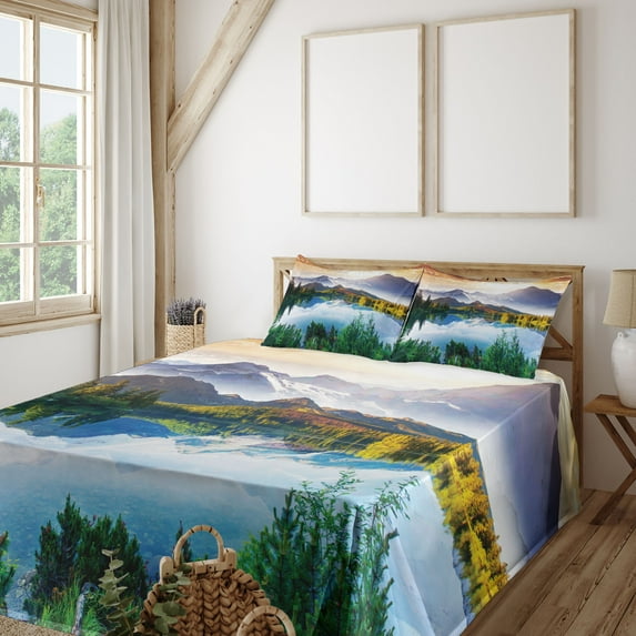 Ambesonne Nature Fitted & Top Sheet Set with Shams, Winter Mountains Morning, Multicolor