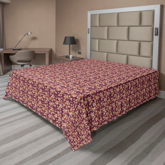 Ambesonne Nature Flat Bedding Sheet Soft Top Sheet, Autumnal Minimalist Leaf Art, King, Plum Apricot and Beige