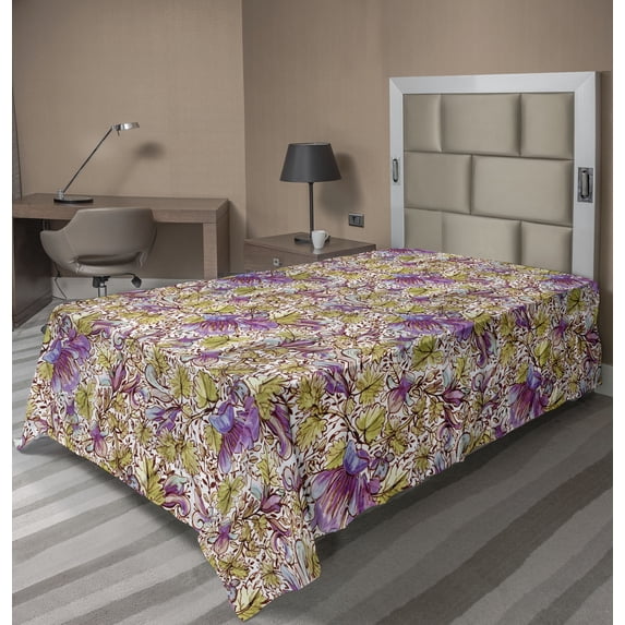 Ambesonne Nature Flat Bedding Sheet Soft Top Sheet, Blossoms Romantic Pattern, Twin XL, Olive Green and Pale Fuchsia