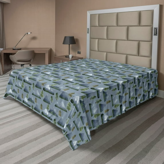 Ambesonne Nature Flat Bedding Sheet Soft Top Sheet, Forest Mountain Landscape, California King, Slate Blue and Reseda Green