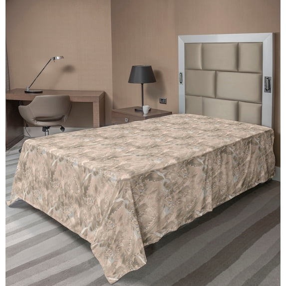 Ambesonne Nature Flat Bedding Sheet Soft Top Sheet, Grunge Meadow Leaves Pattern, Twin, Ceil Blue Eggshell Beige