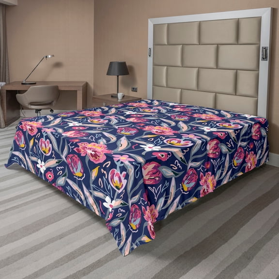 Ambesonne Nature Flat Bedding Sheet Soft Top Sheet, Large Colorful Flowers Plot, Full, Pastel Pink Blue Grey