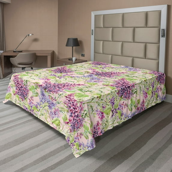 Ambesonne Nature Flat Bedding Sheet Soft Top Sheet, Lilac Flowers Watercolor Art, King, Pistachio Green and Pale Pink
