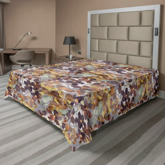Ambesonne Nature Flat Bedding Sheet Soft Top Sheet, Meadow Flowers Watercolor, Full, Pale Eggplant and Sand Brown