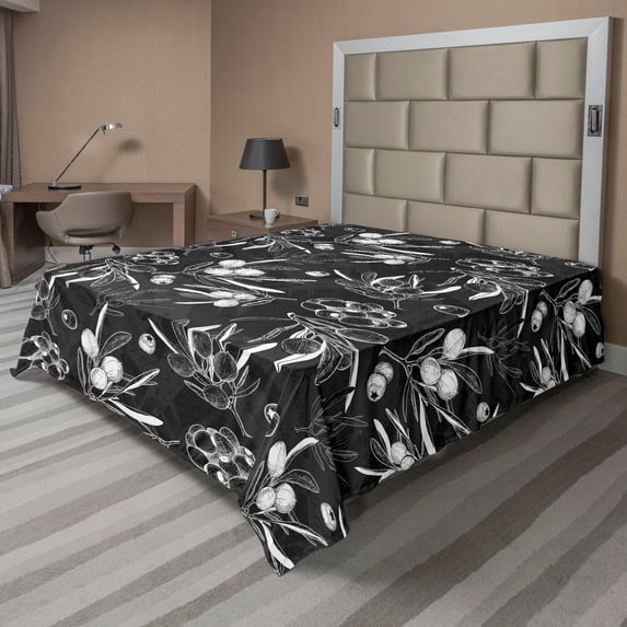 Ambesonne Nature Flat Bedding Sheet Soft Top Sheet, Olives Branches Monochrome, King, Charcoal Grey and White
