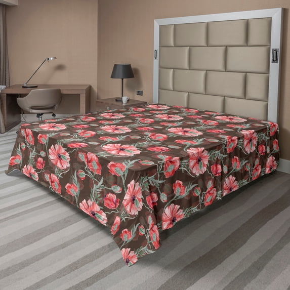 Ambesonne Nature Flat Bedding Sheet Soft Top Sheet, Retro Warm Poppies Pattern, King, Coral Blush and Brown