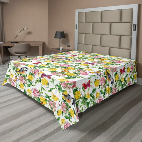 Ambesonne Nature Flat Bedding Sheet Soft Top Sheet, Roses Bindweed Butterfly Art, California King, Mustard and Pale Olive Green