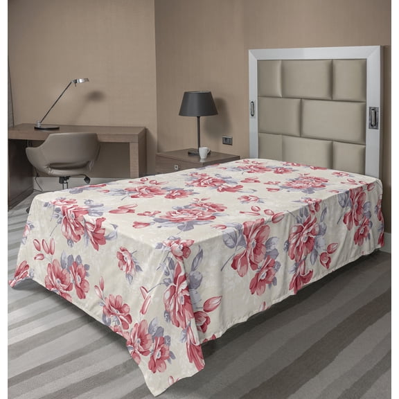 Ambesonne Nature Flat Bedding Sheet Soft Top Sheet, Traditional Oriental Roses, Twin, Dark Pink Taupe Grey