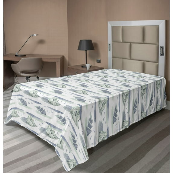 Ambesonne Nature Flat Bedding Sheet Soft Top Sheet, Woodland Mountain Birds Art, Twin XL, Pale Grey Dark Ceil Blue