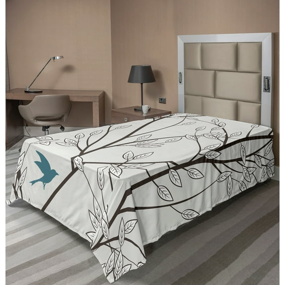 Ambesonne Nature Flat Sheet, Birds Wildlife Cartoon, Twin Size, Mustard Maroon