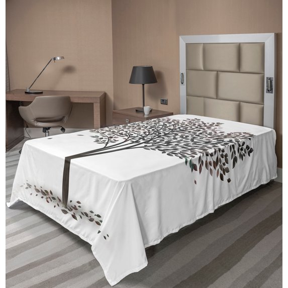 Ambesonne Nature Flat Sheet, Fall Leaves Solititude, TwinXL Size, Brown White