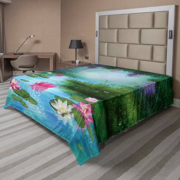 Ambesonne Nature Flat Sheet, Fantasy Pond Water Lily, Full Size, Aqua Pink Green
