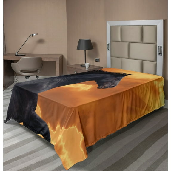 Ambesonne Nature Flat Sheet, Galloping Friesian Horse, TwinXL Size, Black Orange