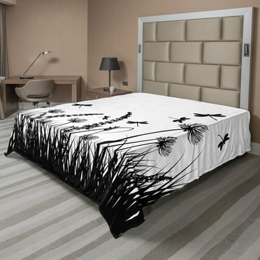Ambesonne Nature Flat Sheet, Grass Bush Meadow Spring, California King, Black White