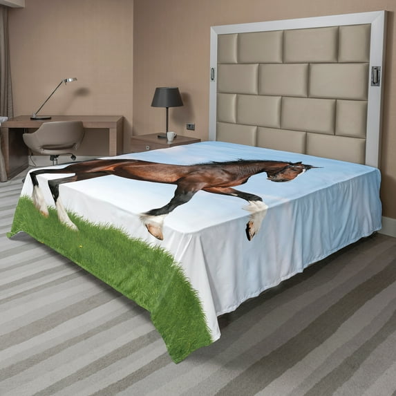 Ambesonne Nature Flat Sheet, Horse Pacing on Grass, Full Size, Blue Green Brown