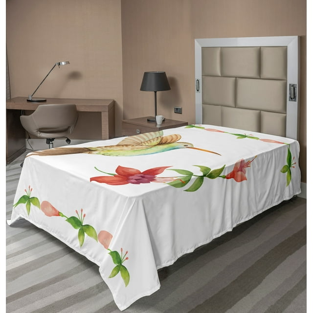 Ambesonne Nature Flat Sheet, Hummingbird Art, TwinXL Size, Red and Green