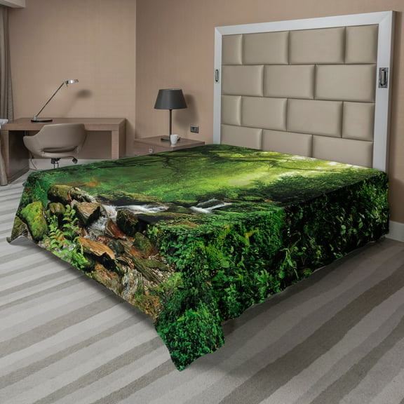 Ambesonne Nature Flat Sheet, Idyllic Forest Design, Queen Size, Emerald Hunter Green
