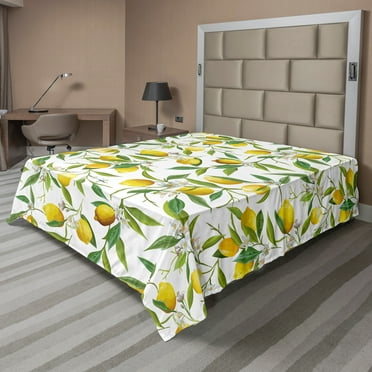 Ambesonne Nature Flat Sheet, Lemon Woody Romantic, California King, Fern Green Yellow White