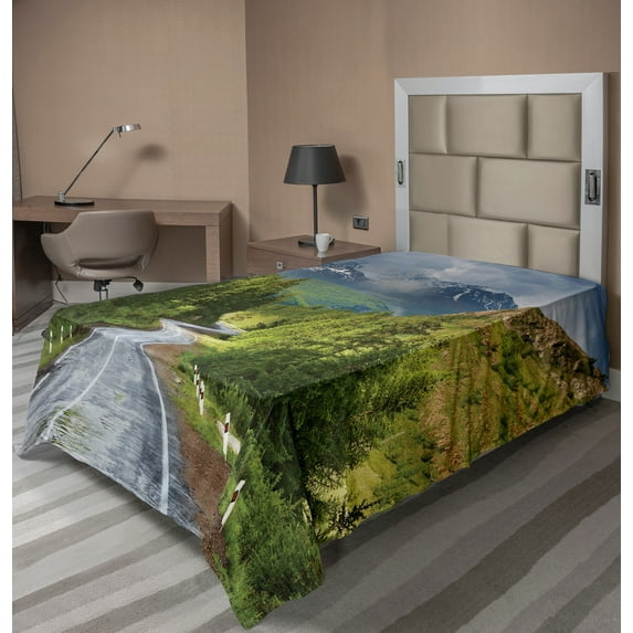 Ambesonne Nature Flat Sheet, Mountain Landscape Road, TwinXL Size, Green Grey Brown