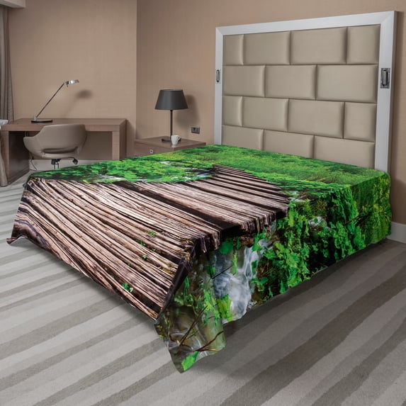 Ambesonne Nature Flat Sheet, Pathway Stream Jungle Print, King Size, Brown Green