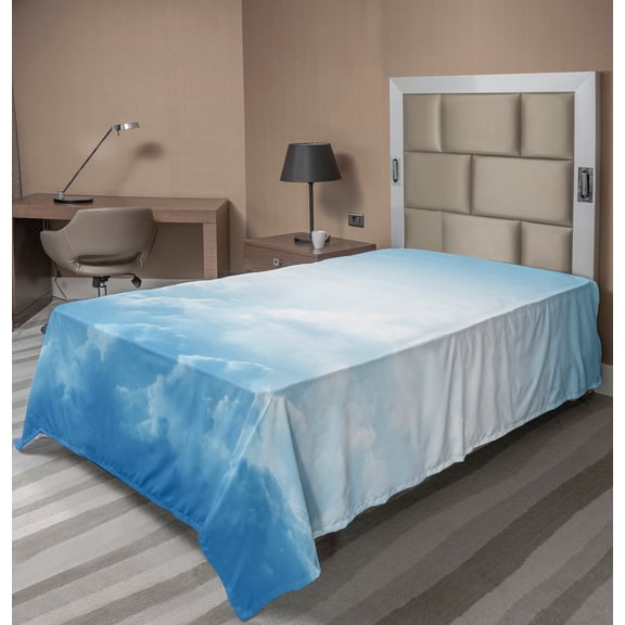 Ambesonne Nature Flat Sheet, Peaceful Fluffy Clouds, Twin Size, Blue White