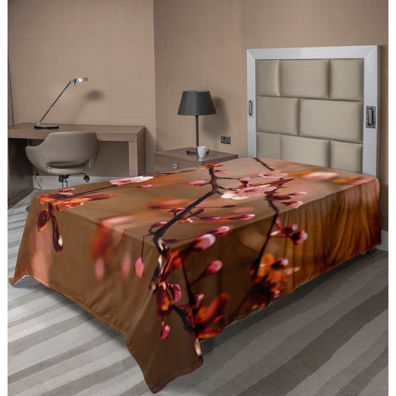 Ambesonne Nature Flat Sheet, Sakura Flourishing, TwinXL Size, Pale Pink Dark Coral