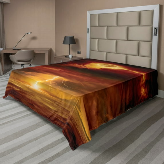 Ambesonne Nature Flat Sheet, Storm Full Moon Beams, Full Size, Orange Yellow