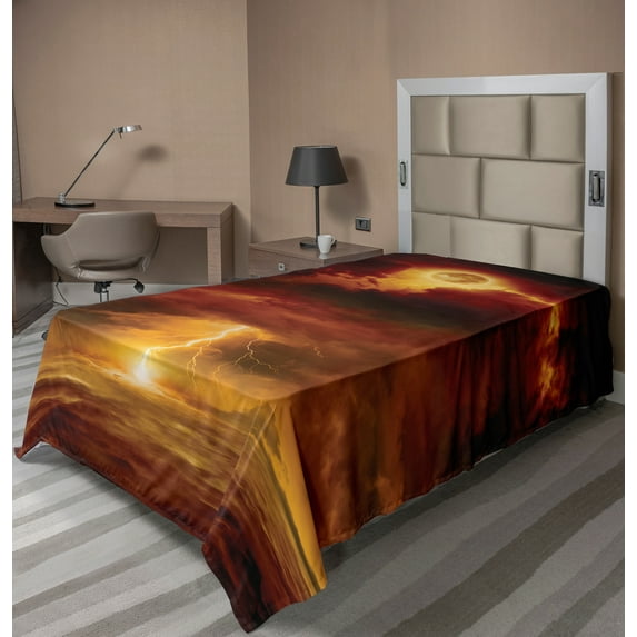 Ambesonne Nature Flat Sheet, Storm Full Moon Beams, Twin Size, Orange Yellow
