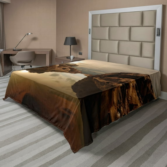 Ambesonne Nature Flat Sheet, Sunrise Rocks Sky Lake, King Size, Multicolor