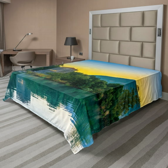 Ambesonne Nature Flat Sheet, Sunrise at Lake, California King, Blue Green