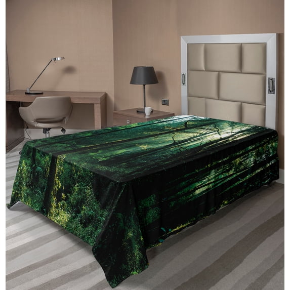 Ambesonne Nature Flat Sheet, Sunset in Woods Trees, TwinXL Size, Forest Green Pale Yellow