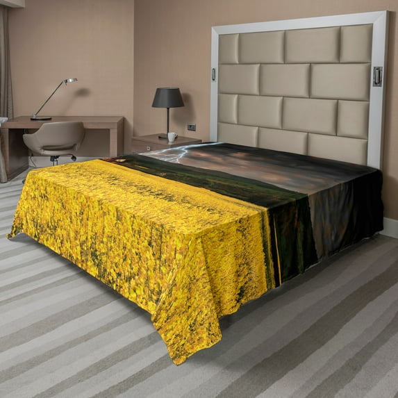 Ambesonne Nature Flat Sheet, Thunderstorm over Meadow, California King, Yellow Green Purple