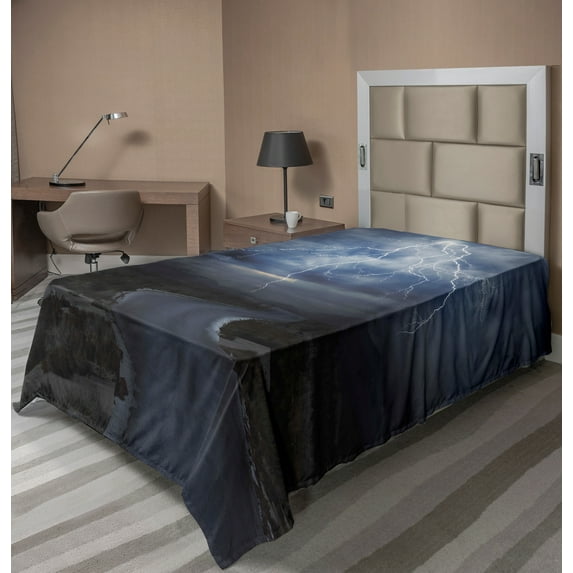 Ambesonne Nature Flat Sheet, Thunderstorm over Road, TwinXL Size, Dark Blue Grey