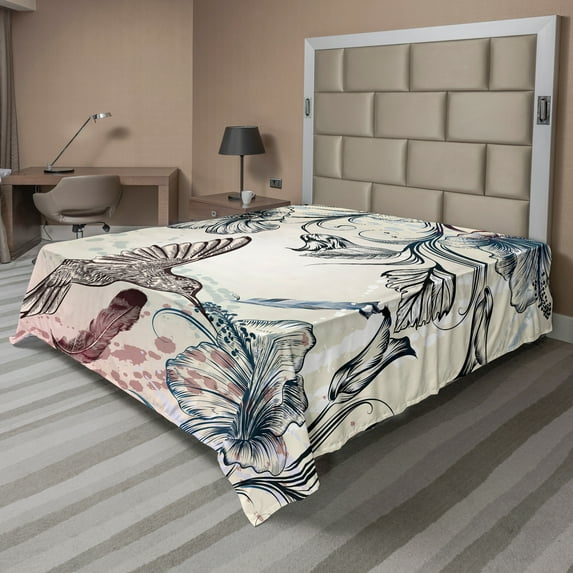 Ambesonne Nature Flat Sheet, Vintage Birds Flowers, King Size, Teal Brown