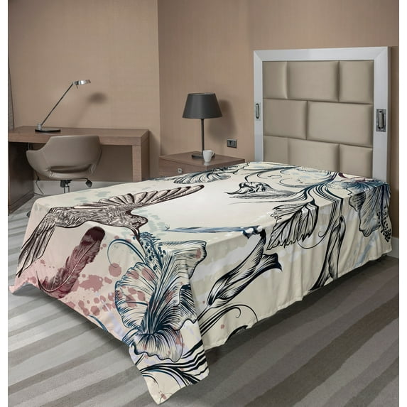 Ambesonne Nature Flat Sheet, Vintage Birds Flowers, TwinXL Size, Teal Brown