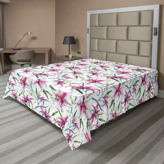 Ambesonne Nature Flat Sheet, Vivid Wild Lily Flora, Full Size, Purple Green