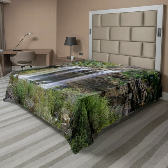Ambesonne Nature Flat Sheet, Waterfall Forest Sicily, California King, Brown Green White