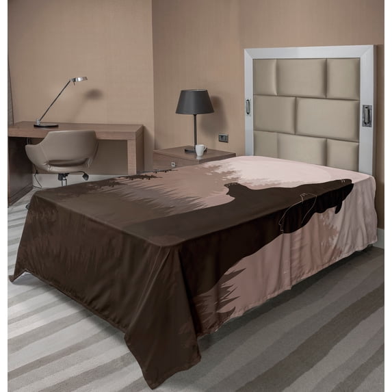 Ambesonne Nature Flat Sheet, Wild Bear Night Jungle, TwinXL Size, Army Green Pale Peach