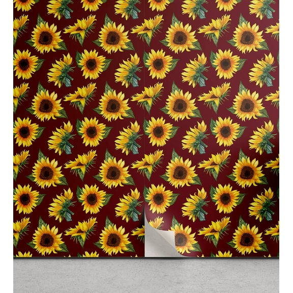Ambesonne Nature Floral Peel & Stick Wallpaper for Home, Sunflowers Black Back, 13"x100", Earth Yellow Maroon