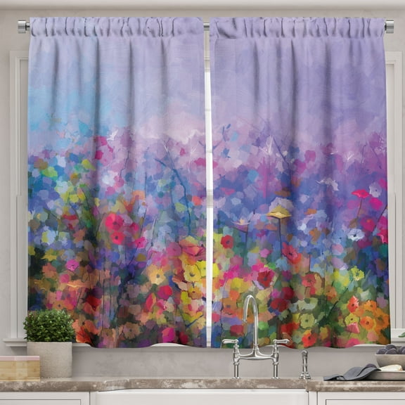 Ambesonne Nature Flowers Kitchen Curtains, Daisy Oil Painting, 55"x36", Pastel Purple and Yellow